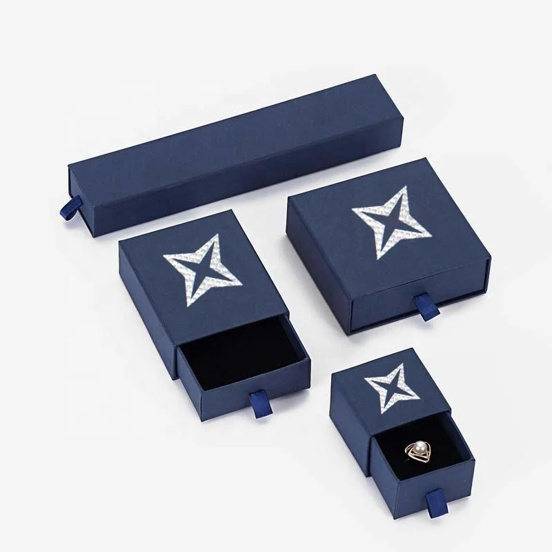 

Luxury unique wholesale custom blue drawer cardboard gift packaging necklace earring velvet paper jewelry boxes with logo, Customized