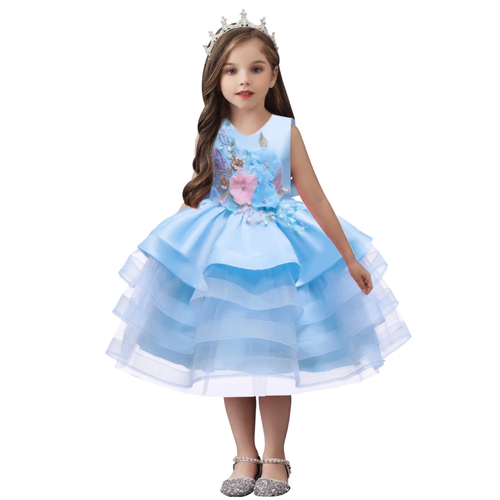 

Child blue flower multi-layered tutu dresses for girls cute sleeveless fluffy kids girl dress 0-8 years old knee-length