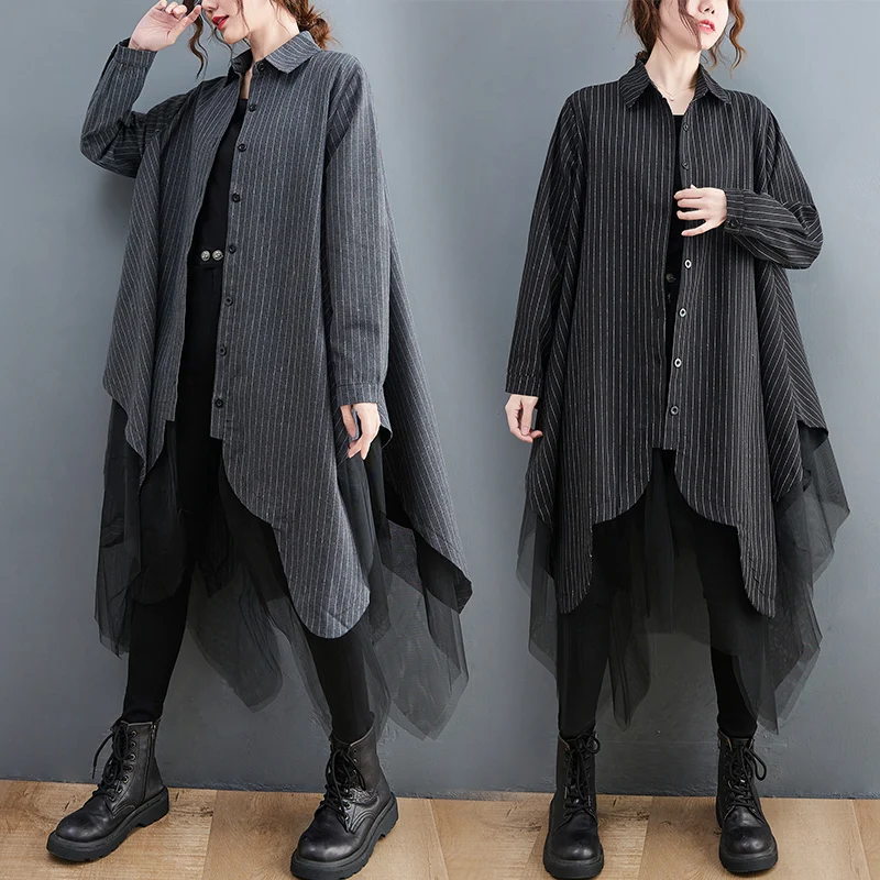 Boutique Wholesale 2026 Autumn Loose Fashion Stripe Splice Double Layer Mesh Shirt Medium Length Shirt Coat
