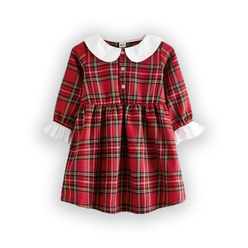 

Peter Pan Collar Contrast Panel Tartan Shirt Plaid Dress For Baby Girl Fashion Lace Ruffle Autumn skirt, 3 color
