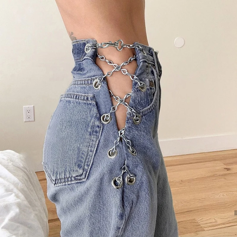 

Nibber P1736571 Harajuku high waist hollow chain design slim jeans ladies casual streetwear high quality stretch pants mujer
