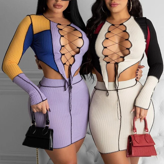 

FS1760D latest design women long sleeve contrast color shirts and skirts two pieces sets dress