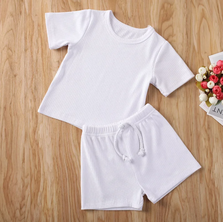 

Plain color baby clothes set 2 pcs rib clothes wear  white comfortable and soft hand feeling summer wear, As picture