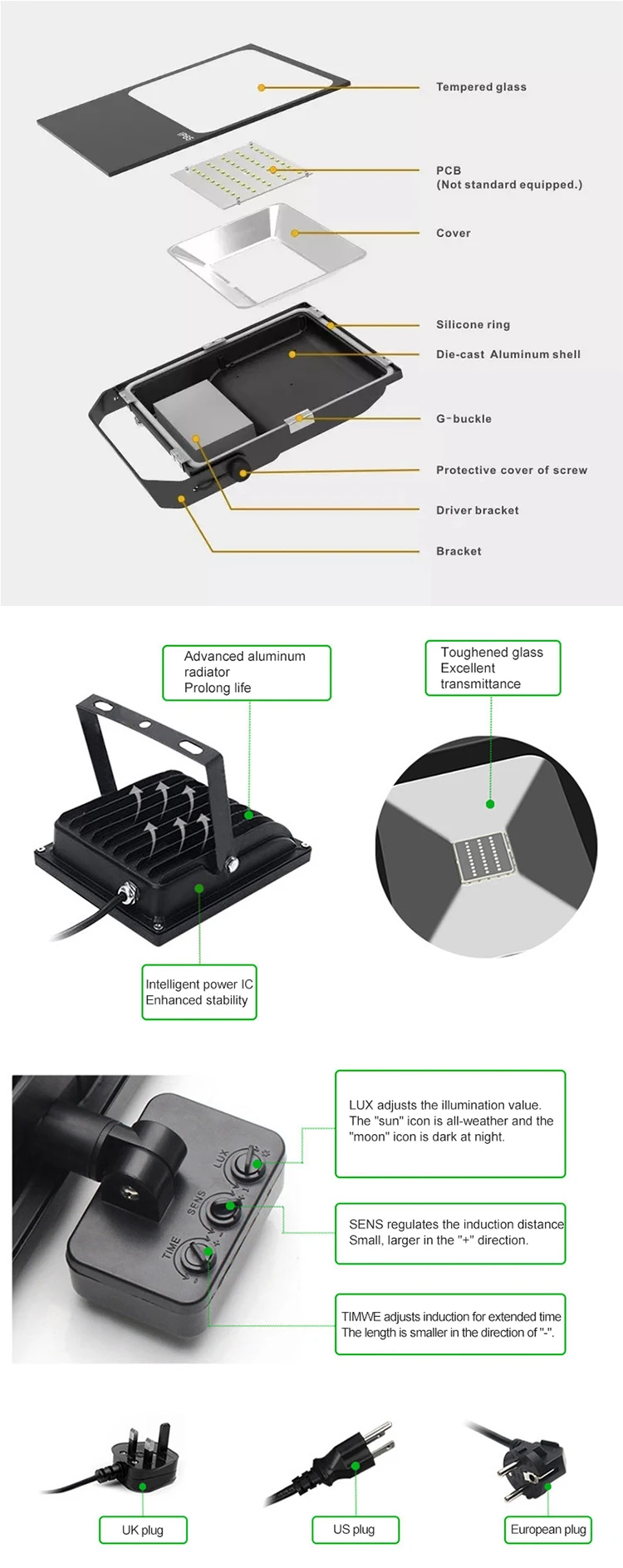 Professional quality mercury free aluminum body 10w 20w 30w 40w 50w uvc led flood light