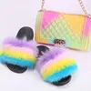 Women Fox Fur Feather Vegan Leather Open Toe Single Strap Slips On Multicolor Slippers And Bags Set