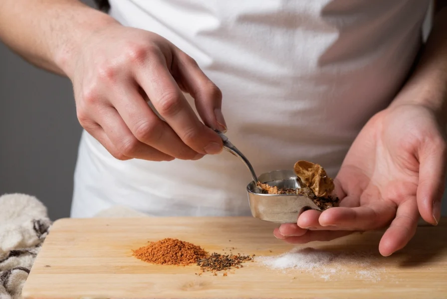 Chef measuring salt separately from spice blend during recipe preparation