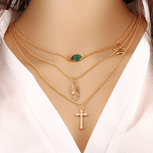 

New designs jewelry luxury women leaves pendant green eye accessories multi layered alloy gold simple cross necklace
