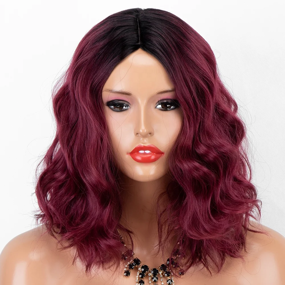 

Aliblisswig Natural Looking Dark Root Ombre Pastel Purple Short Wavy Bob Middle Part Heat OK Fiber Hair None Lace Synthetic Wigs