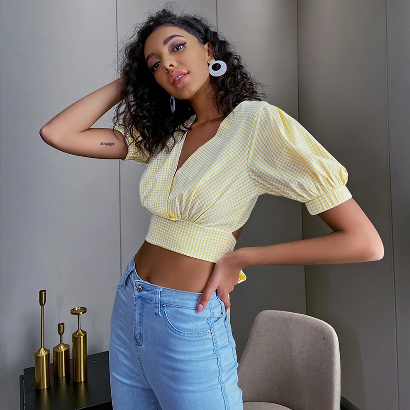 

Weixin Shein Double Crazy Women Tie Back Gingham Top