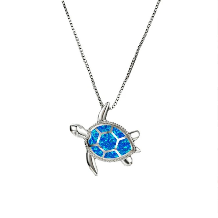 

Free Shipping Fashion Blue Imitati Opal Sea Turtle Pendant Necklace for Women Female Animal Wedding Ocean Beach Jewelry, Silver