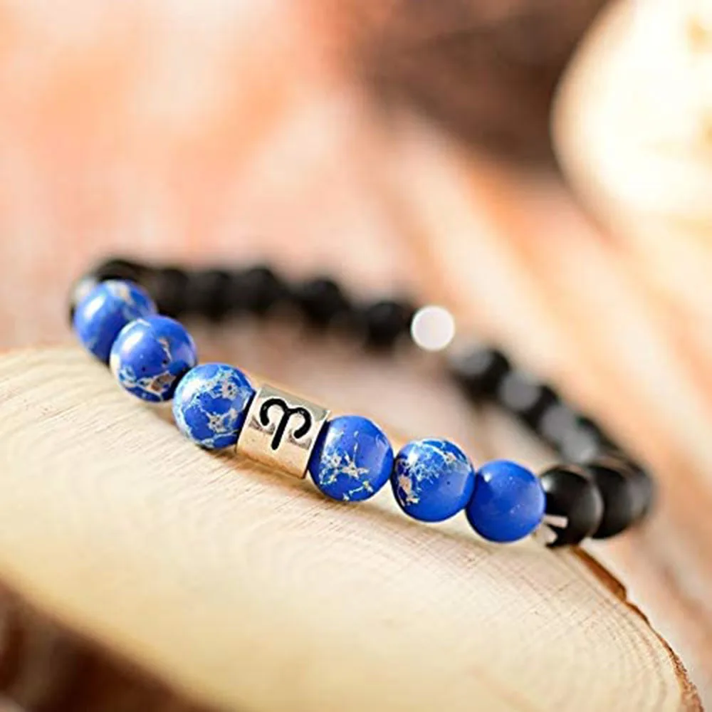 

Hot Selling European 8mm Black Matte 12 Zodiac Beaded Bracelet Trendy Blue Turquoise Zodiac Bead Bracelet for Couple