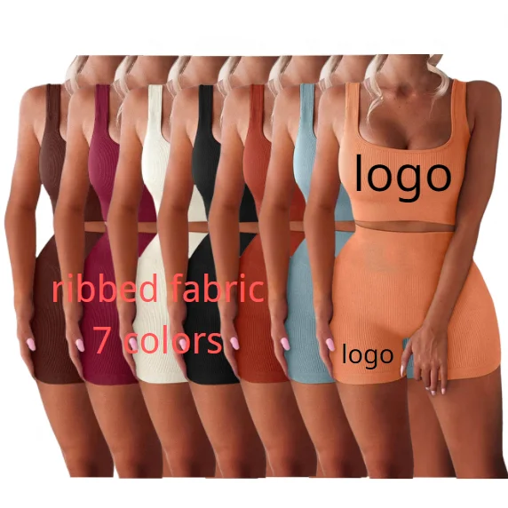 

wholesale custom logo 2022 summer women shorts set sport outfits co ord 2 piece yoga biker set jogging solid tank top ribbed set