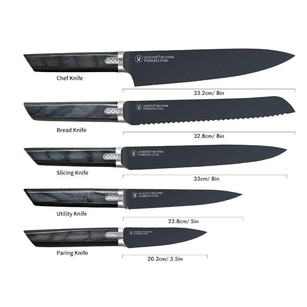 

OOU BO Oxidation Patent Black Jane Series kitchen fruit&vegetable tools 5pcs chef knife set stainless steel