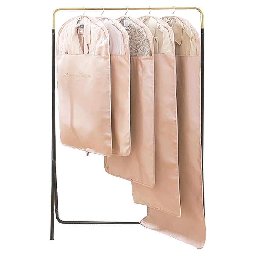 

Cover Clothes Dust Cover Bag Women Suit Garment Protector Wardrobe Hanging Bag Dustproof Satin Clothing Cover, Pink