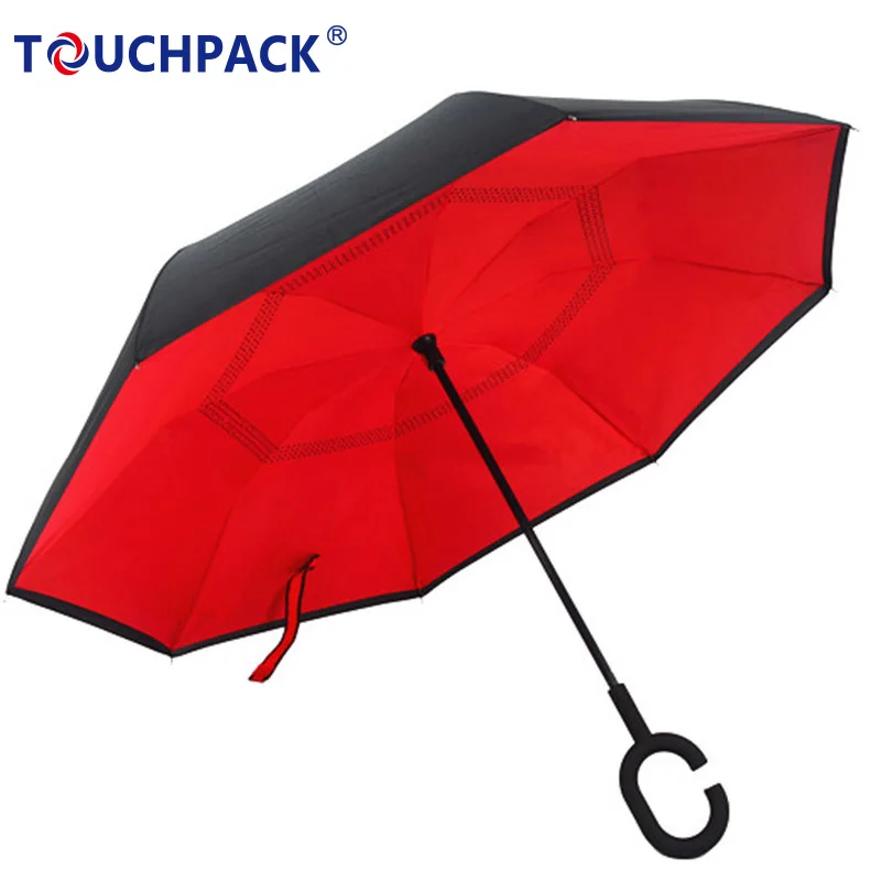 

Wholesale Custom Portable C-handle 2 layer automatic invert reverse car umbrella, Solid