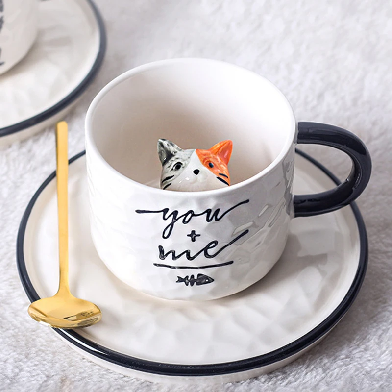 

2020 Newest Wholesale Cat Ceramic Coffee Mug Set With Saucer And spoon, As picture