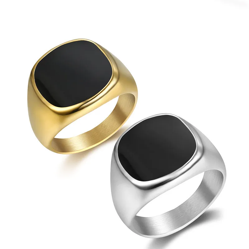 

Wholesale Vintage Personalized Gold Plated Stainless Steel Ring Black Enamel Signet for Wedding and Anniversary Jewelry