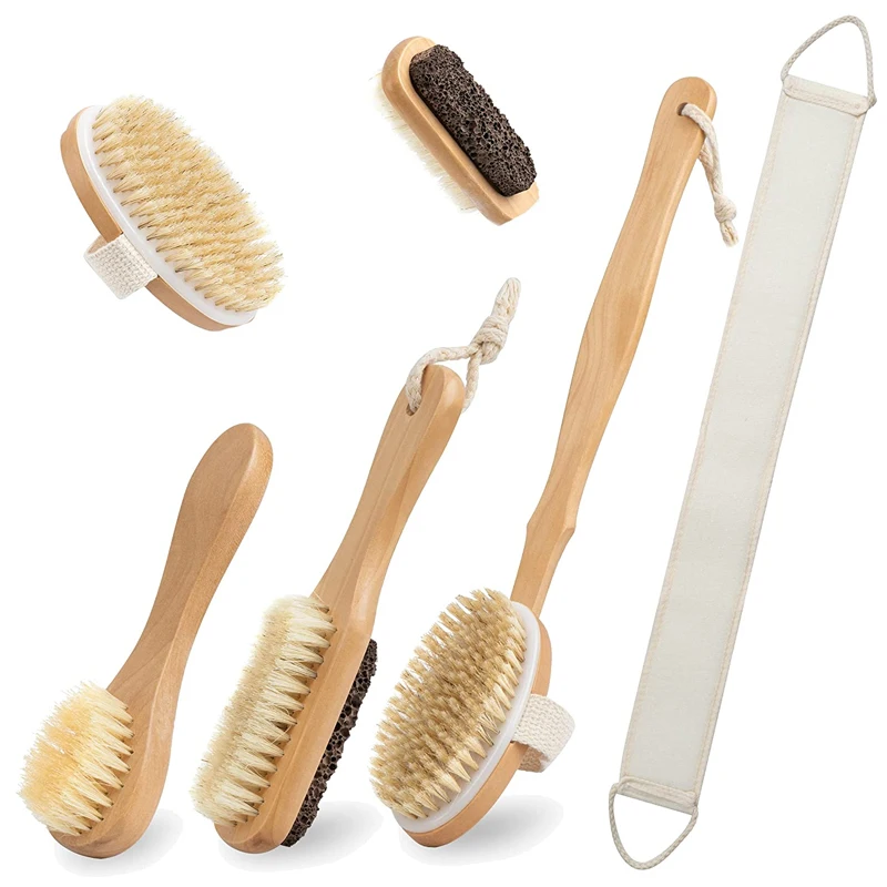 

Natural Wooden And Boar Bristle Dry Body Cleaning Brush Bath brush And Massage Set With Custom Logo, Natural colours