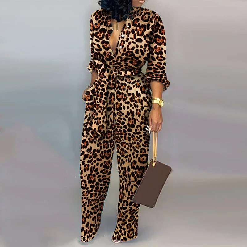

LZW0375 Leopard Tied Waist Long Sleeve Jumpsuit women