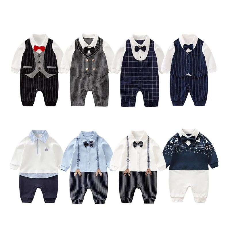 

Wholesale bow tie gentleman style long sleeve 100% cotton Baby fashion clothes for autumn/spring baby boys rompers, Picture shows