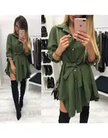

CA304 casual fall clothing for women single breasted turndown loose t shirt dress long sleeve