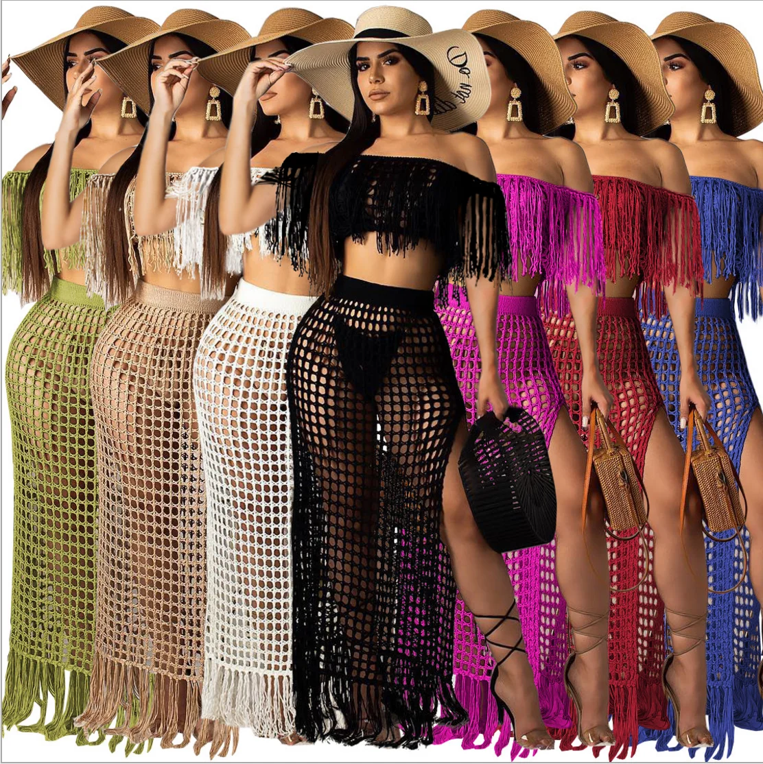 

Sexy perspective sleeveless crochet tassel hollow out 2 piece set casual women beach dresses, Black/green/brown/white/red/blue/fuchsia