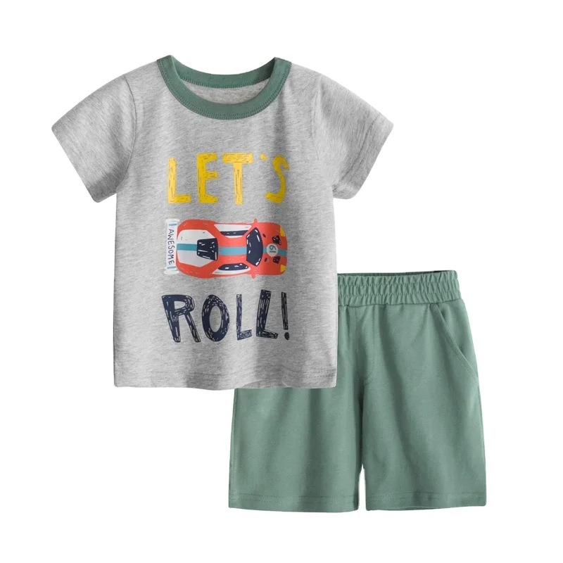 

Cartoon Style Creative Printing Summer Children T-shirts Fashion Casual Boy Short Sleeve Cotton Shirt Sets 2pcs Kids Clothes