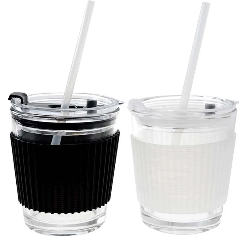 

Hot sale 350ml/12oz Leakproof Children glass bubble drinking cup with straw lid and silicone sleeve, Clear transparent