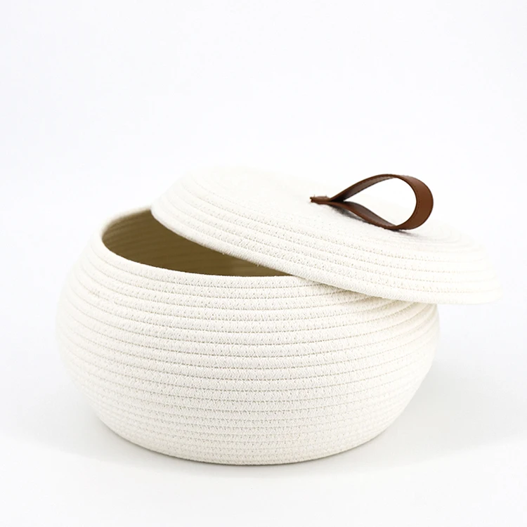 

Promotional handmade cotton rope fruit storage basket with lid, White