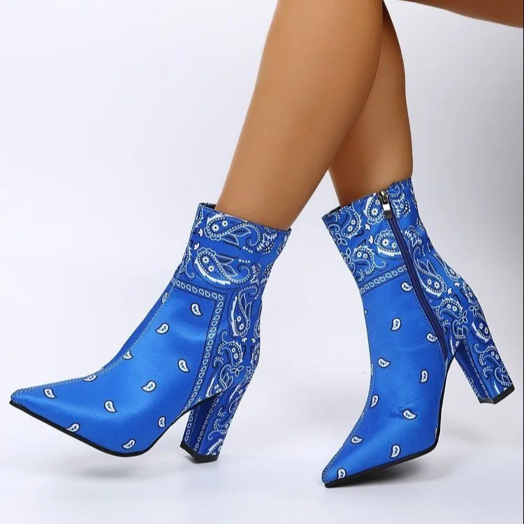 

2021 New Shoes Fall Winter Paisley Print Fashion Ladies Heels Women Chunky Heel Ankle Boots, Black,blue