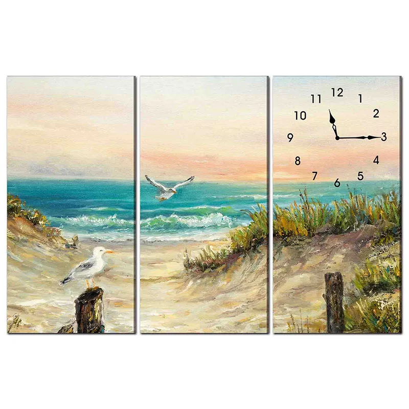 

3D Set 3 Seaside LED Light Digital Canvas Oil Painting Sale Wall Clocks Quartz Living Room Single Face Creative Square LUMINOVA