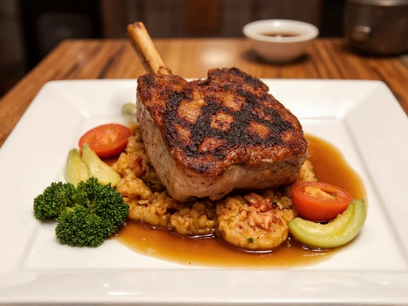 Wood-grilled heritage pork chop with seasonal sides at Clever Monkey
