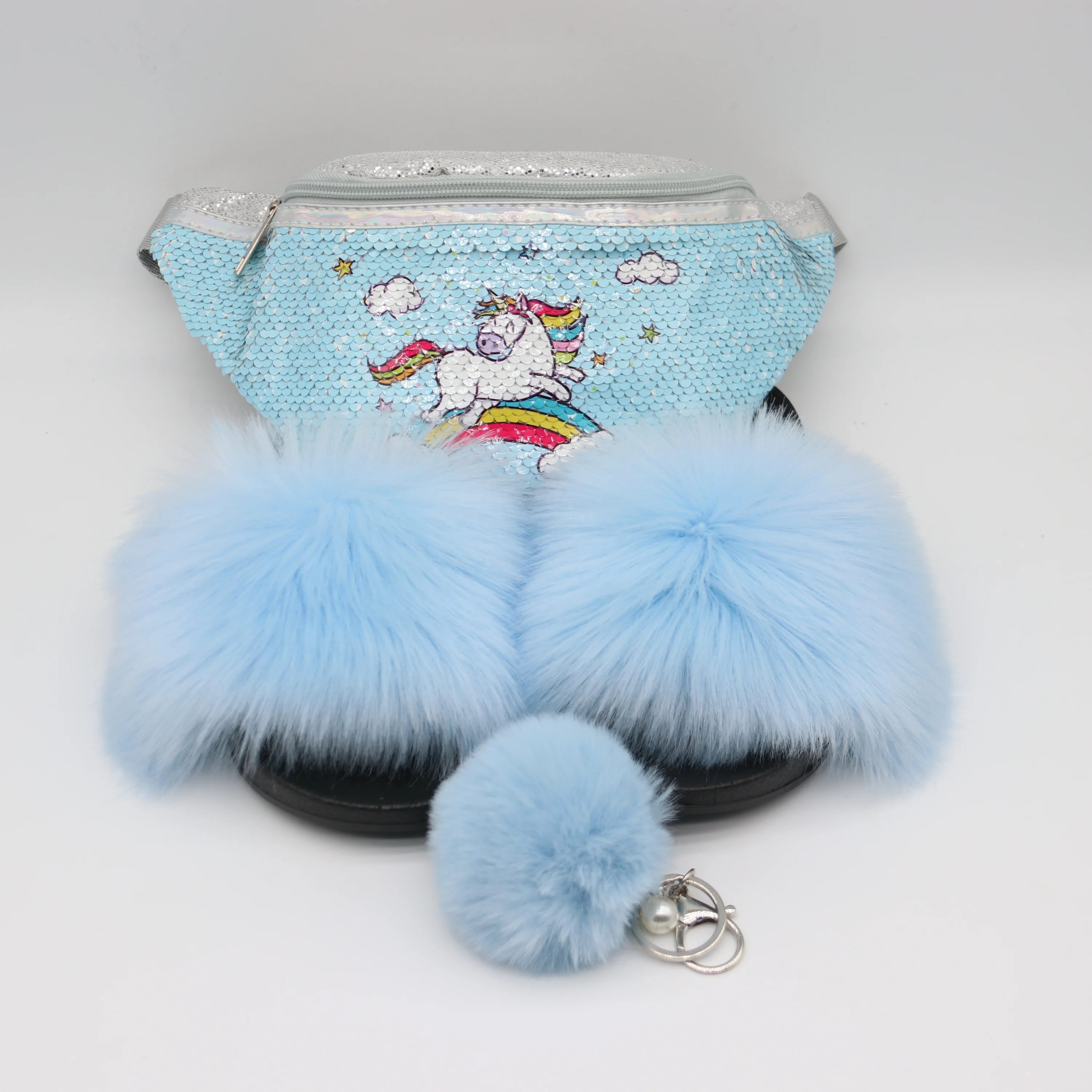 

New Design Bling Sequins Unicorn Design Fanny Pack with Faux Fur Slippers for Baby Kids