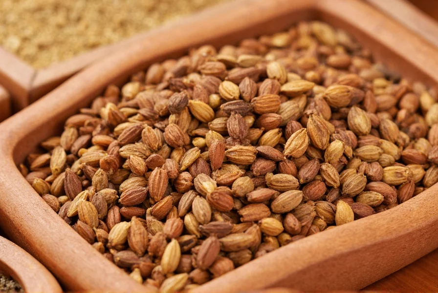 Close-up view of cumin seeds showing their ridged texture and warm brown color on a wooden spice rack
