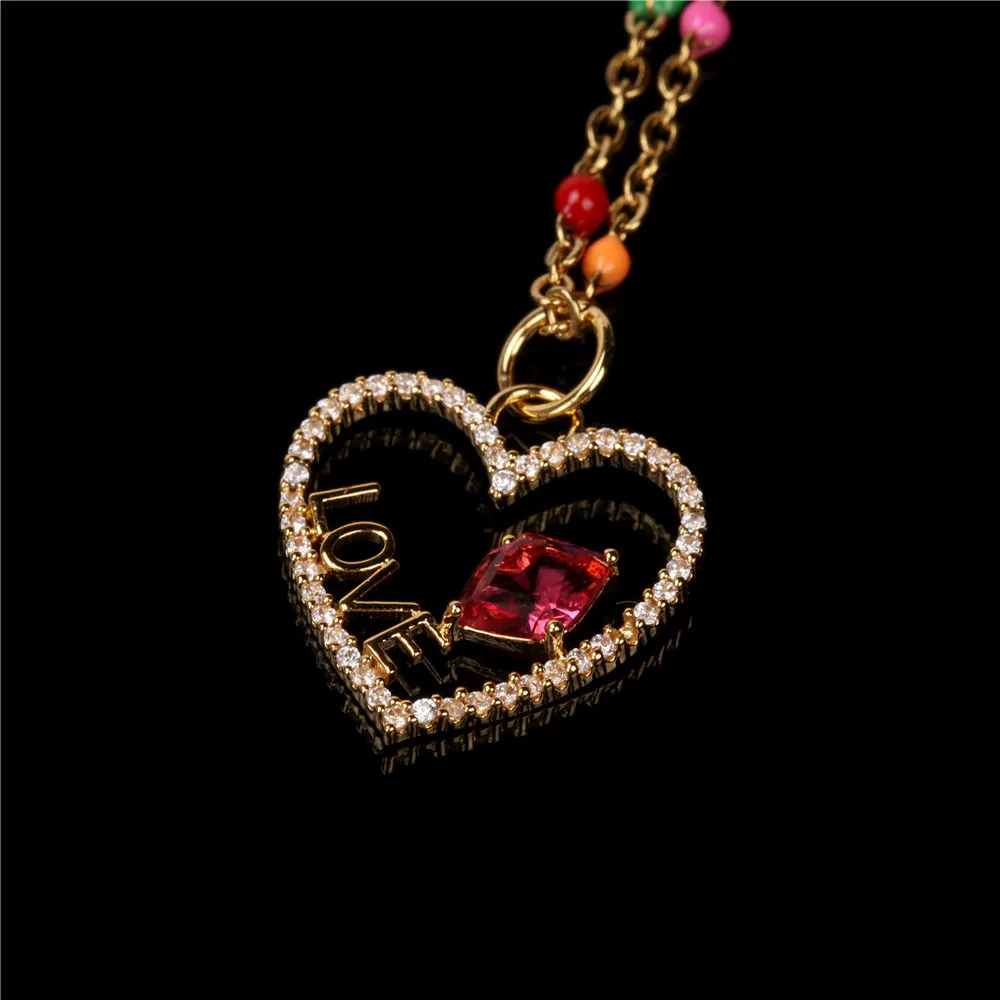 

Hollow Gold Plated Heart Love Red Lips Diamond Enamel Chain Necklace Ins Design Stainless Steel CZ Zircon Clavicle Necklace