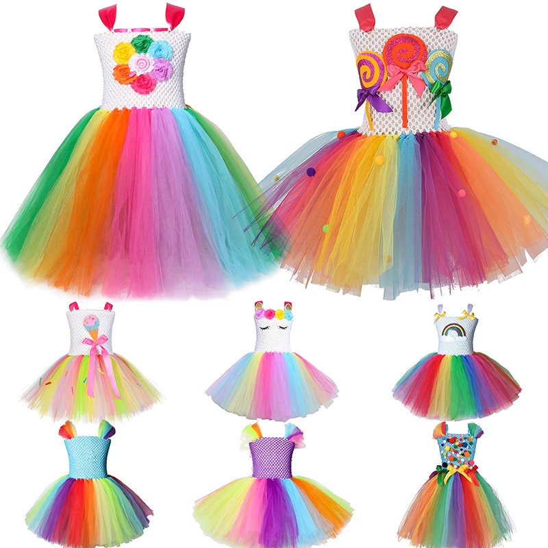 

2020 Girls Rainbow Candy Dress Kids Lollipop Modeling Frock Baby Girl Unicorn Costumes Summer Children Birthday Party Clothes, As picture