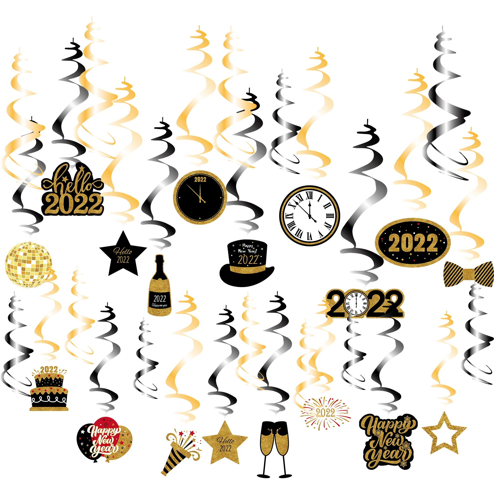 

2023 New Year Swirl Decoration 30 Pack Black Gold New Year Party Spiral Supplies
