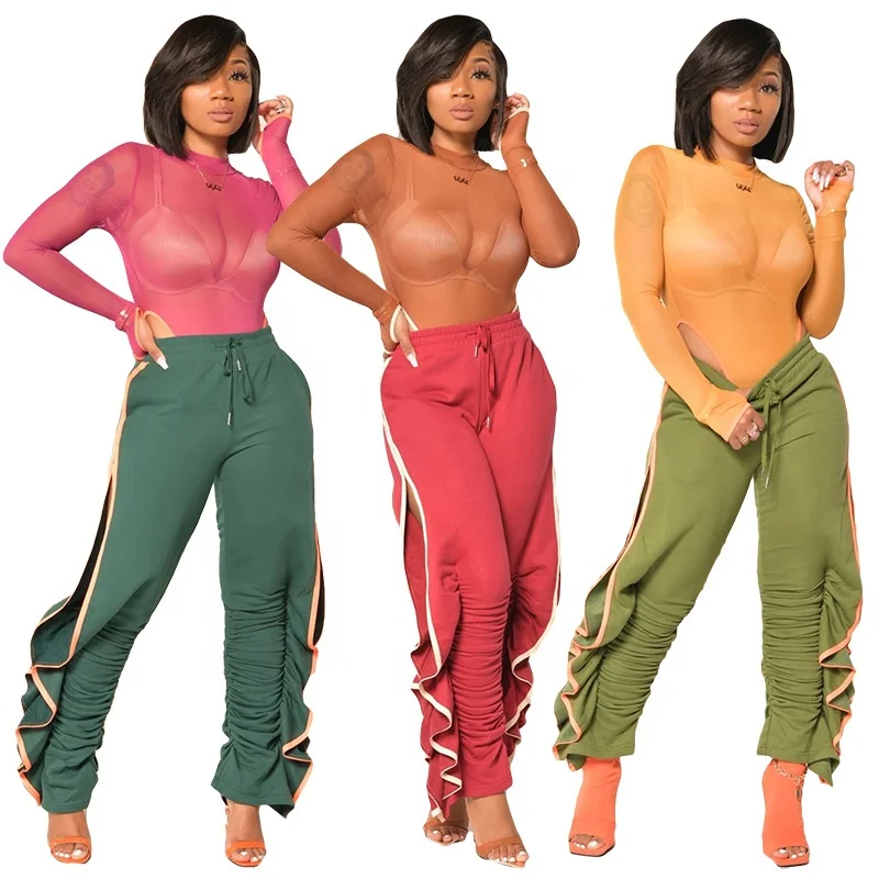 

2021 Oudina Amazon Hot Selling Fashion Pants Wide Leg Women Trousers Casual Solid Color Flared Pants, Blue/green/pink