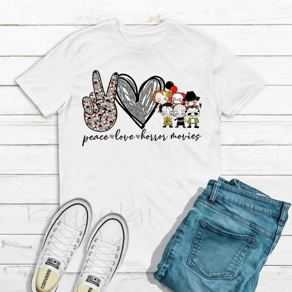 

Peace love Horror Movie Killers Scary Movie T shirt Funny Halloween Women T Shirt