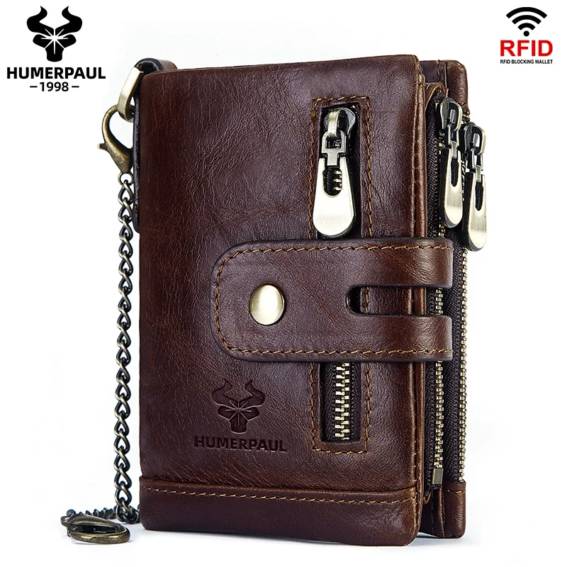 
HUMERPAUL 2020 RFID Genuine Cowhide Leather Luxury Purse Casual Small Mini Leather Wallets Vintage Gents Mens Slim Wallet 