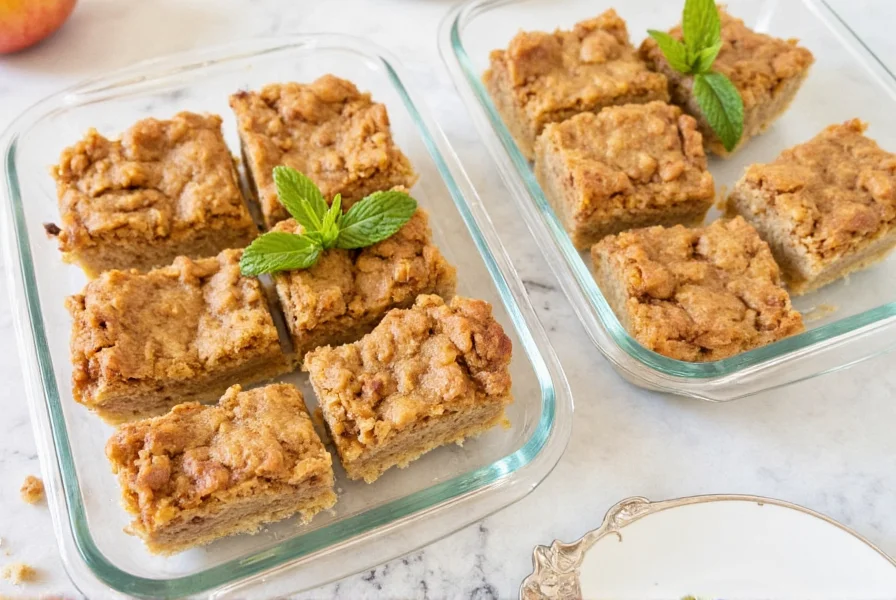 Apple cinnamon bars stored in meal prep containers with fresh mint garnish
