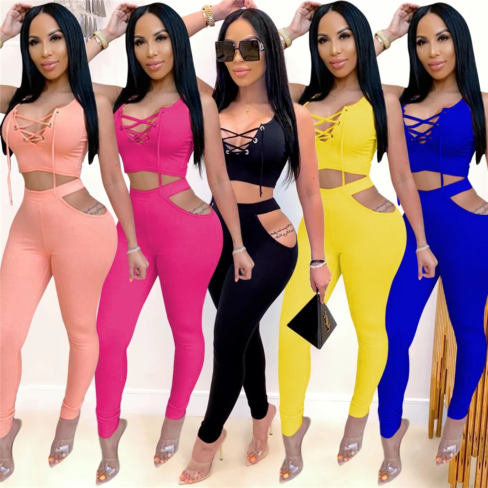 

MD-2082631 new arrivals 2020 women trendy bodycon pant and sleeveless crop top two piece set