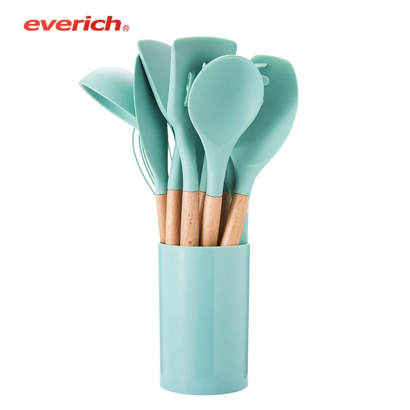 

Silicone Cooking Kitchen Utensils Set Handles Cooking Tool BPA Free Non Toxic Turner Tongs with Holder, Wooden Eco-friendly LFGB, Customized