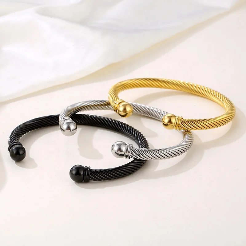 

Wholesale Stainless Steel Jewelry 18K Gold Plated Adjustable Expandable Round Cable Wire Twisted Open Cuff Bracelet Bangle