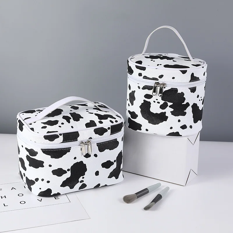 

High Quality PU Leather Cow Print Makeup Bag Travel Toiletry Set Ladies Cosmetic Bag, Customized