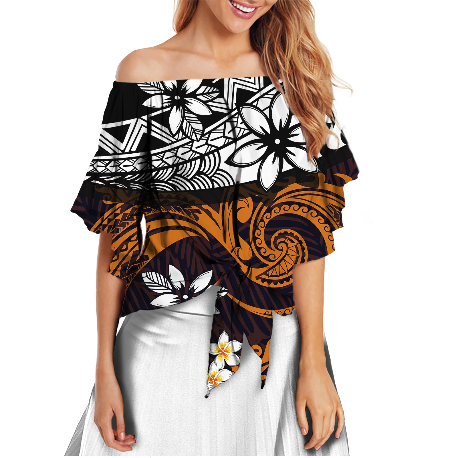 

New arrivals black yellow hawaii flowers printed flared sleeves tops floral polynesian tribal design woman tops fashionable 2021