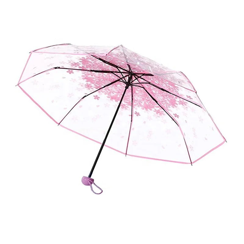 

Wholesale cute flower printed clear transparent folding umbrella for girls