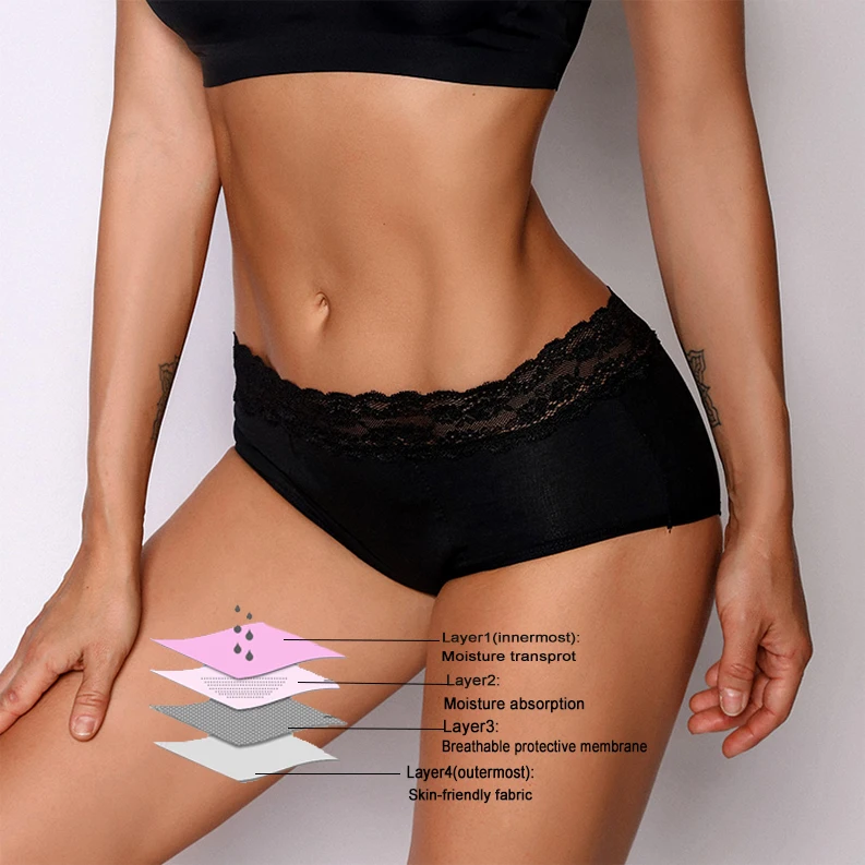 

Woman cotton lace period panties plus size four Layers Leak-proof Comfortable Period Physiological underwear menstrual panties