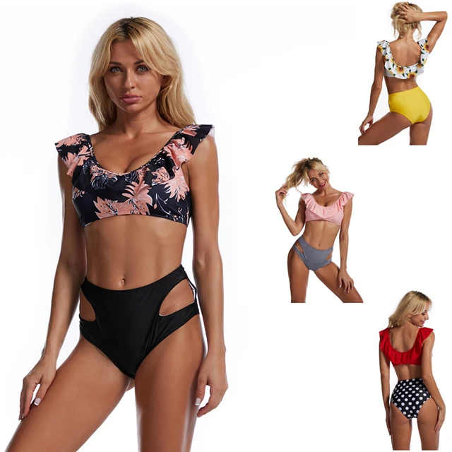 

2021 New Split Conservative Sexy Bikini Color Solid Color Ruffled Swimwear, Picture color
