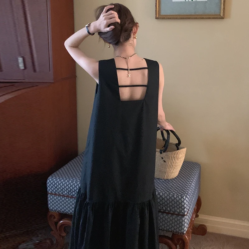 Wholesale 2026 Summer Vintage Hepburn Style Sleeveless Open Back Ruffle Edge Skirt Tank Top Dress Women's Dress